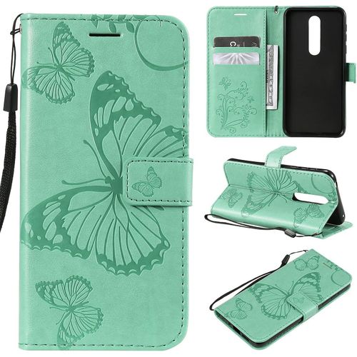 Compatible Avec Nokia 7.1 Coque, Flip tui Housse Case- Conception Avec Fonction Portefeuille Et Support - Motif Papillon Vert