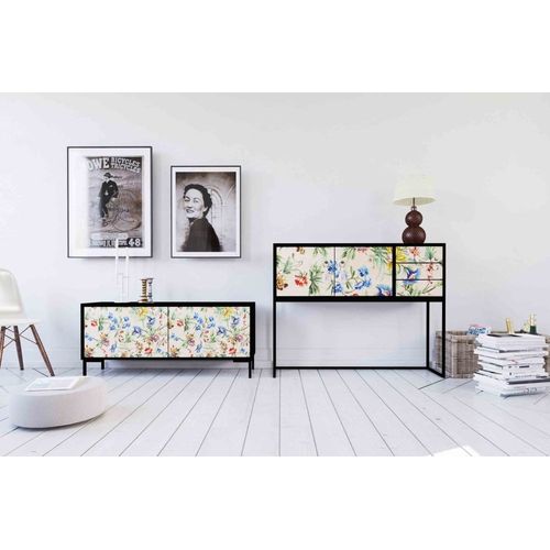 Console Mdf Laque 2 Portes 3 Tiroirs Imprim Floral