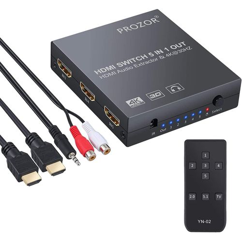 Convertisseur Hdmi 5X1 Commutateur Hdmi Switch 4K 3D Avec Extracteur Audio Optique Analogique Toslink Spdif Sortie Avec Cble Optique Cble De 3,5Mm  2 Rca Cbles[YIN4180718]