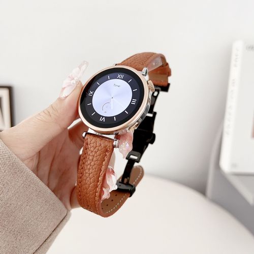 Convient Pour Huawei Watch Gt4 41mm Nouveau Bracelet En Cuir De Vachette Vritable Boucle Papillon 18mm Motif Litchi Petite Taille Femme-18 Mm - Marron Litchi - Compatible Avec Huawei Gt4 [Cadran 41