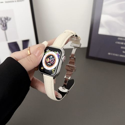 Convient Pour Iwatchs8 Cuir Vritable Motif Litchi S9 Apple Watch S765 Femme Applewatchs8 Bracelet Automne Et Hiver-Boucle Dployante Papillon Litchi - Blanc - Compatible Avec [Huawei Gt4 (41 Mm)] (