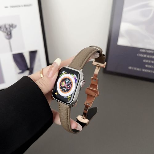 Convient Pour Iwatchs8 Cuir Vritable Motif Litchi S9 Apple Watch S765 Femme Applewatchs8 Bracelet Automne Et Hiver-Boucle Dployante Papillon Litchi-Marron-38mm/40mm/41mm
