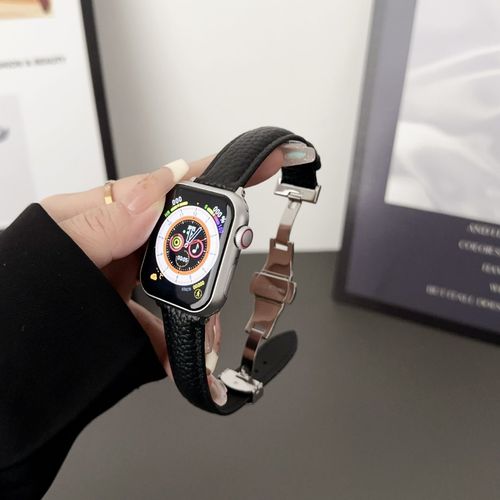 Convient Pour Iwatchs8 Cuir Vritable Motif Litchi S9 Apple Watch S765 Femme Applewatchs8 Bracelet Automne Et Hiver-Boucle Dployante Papillon Litchi-Noir-38mm/40mm/41mm