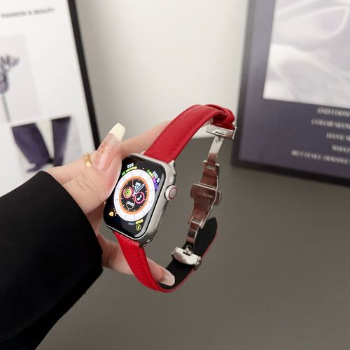 Convient Pour Iwatchs8 Cuir Vritable Motif Litchi S9 Apple Watch S765 Femme Applewatchs8 Bracelet Automne Et Hiver-Boucle Dployante Papillon Litchi - Rouge - Compatible Avec [Huawei Gt4 (41 Mm)] (