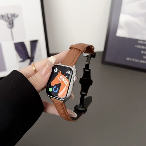 Convient Pour Iwatchs8 Cuir Vritable Motif Litchi S9 Apple Watch S765 Femme Applewatchs8 Bracelet Automne Et Hiver-Boucle Dployante Papillon Litchi-Rouge Marron-38mm/40mm/41mm