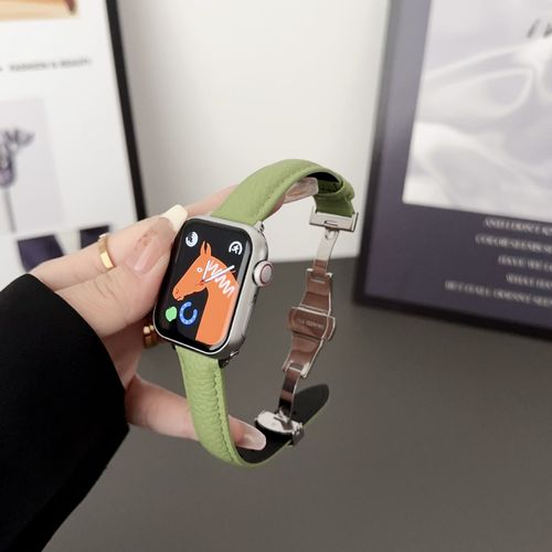 Convient Pour Iwatchs8 Cuir Vritable Motif Litchi S9 Apple Watch S765 Femme Applewatchs8 Bracelet Automne Et Hiver-Boucle Dployante Papillon Vert Litchi 38 Mm/40 Mm/41 Mm