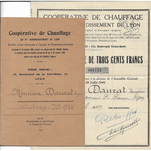 Cooprative De Chauffage Du 3me Arrondissement De Lyon Constitue En 1892, Sige Social 15 Boulevard De La Part Dieu, Livret De 12 P + Acion De 300francs  Eugne Daurat Av Flix Faure 1947