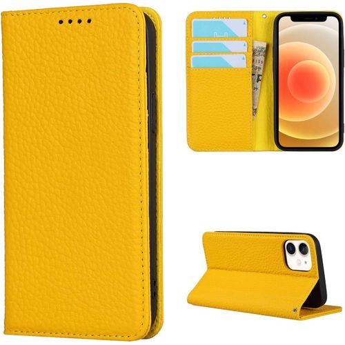 Copmob Coque Iphone 12 Mini,Flip Cuir Veritable Portefeuille Etui En Cuir,[4 Fentes][Fermeture Magnetique],Housse Etuis A Rabat Etui De Protection Pour Iphone 12 Mini - Jaune