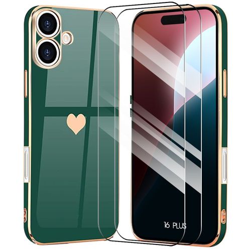 Coque + 2 Verres Tremps Pour Iphone 16 Plus - Silicone Avec Motif De C?ur, Protection Antichoc, Vert Nuit - E.F.Connection