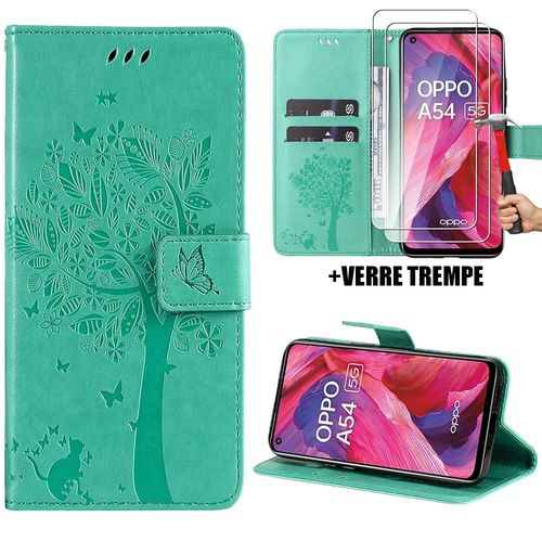Coque + 2 Verres Tremps Pour Oppo A54 5g, Motif Arbre Papillon Fleur Elgant Portefeuille Effet Cuir Vert (Pas Pour A54 4g) - Booling