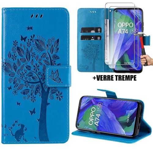 Coque + 2 Verres Tremps Pour Oppo A74 5g, Housse Rabat Cuir Pu Bleu Avec Motif Arbre Papillon Elgant (Pas Pour Oppo A74 4g) - Booling
