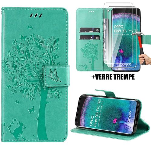 Coque + 2 Verres Tremps Pour Oppo Find X5 Pro, Housse Rabat Cuir Pu Vert Avec Motif Chat Arbre Papillon - Booling