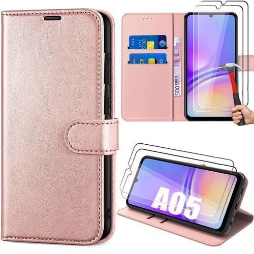 Coque + 2 Verres Tremps Pour Samsung Galaxy A05, Protection Antichoc En Cuir Pu Rose (Pas Pour A05s) - E.F.Connection