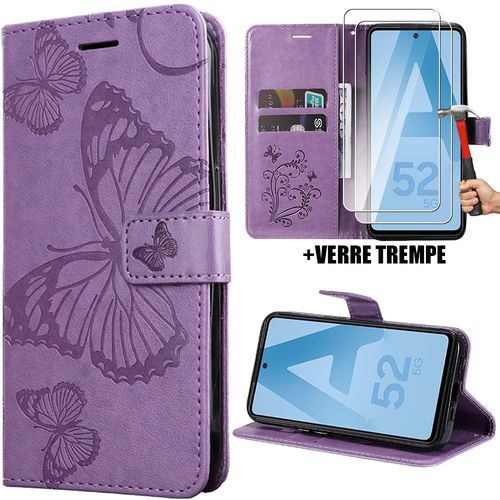 Coque + 2 Verres Tremps Pour Samsung Galaxy A52 4g/5g A52s 5g, Flip Case Cuir Synthtique Violet Avec Motif Papillon Elgant - Booling