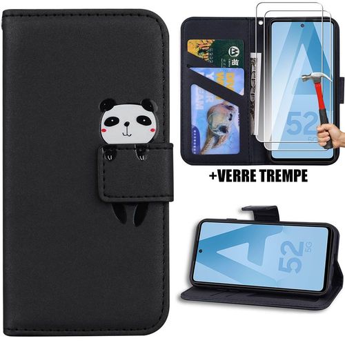 Coque + 2 Verres Tremps Pour Samsung Galaxy A52 4g/5g A52s 5g, Flip Case Synthcuir Avec Motif Panda - Noir - Booling