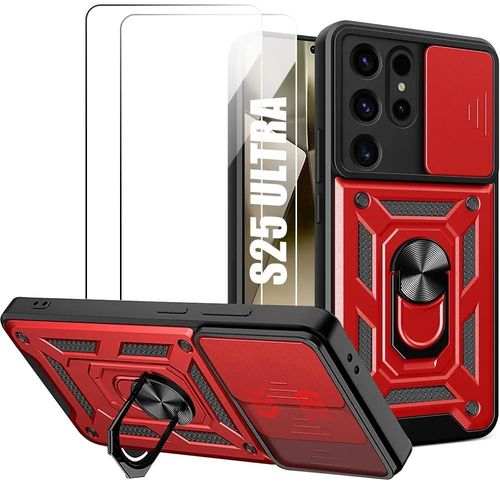 Coque + 2 Verres Tremps Pour Samsung Galaxy S25 Ultra - Rigide Antichoc Avec Anneau Support Et Protection Objectif - Rouge - E.F.Connection