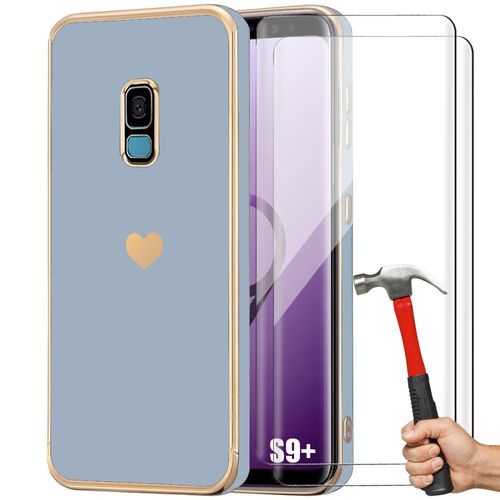 Coque+ 2 Verres Tremps Pour Samsung Galaxy S9 Plus/S9+, Bleu, Coque Antichoc En Silicone Liquide Avec Motif De CUr Dor Et Plaqu - E.F.Connection