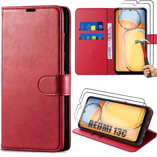 Coque + 2 Verres Tremps Pour Xiaomi Redmi 13c, Housse Antichoc Effet Cuir Rouge Avec Porte-Cartes Et Support - E.F.Connection