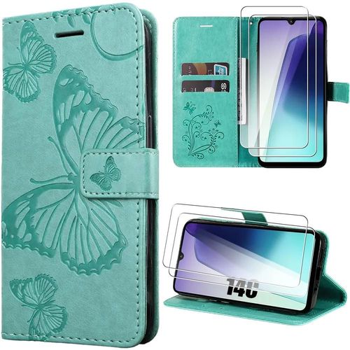Coque + 2 Verres Tremps Pour Xiaomi Redmi 14c - Flip Case Motif Papillon Cuir Synthtique Vert - E.F.Connection
