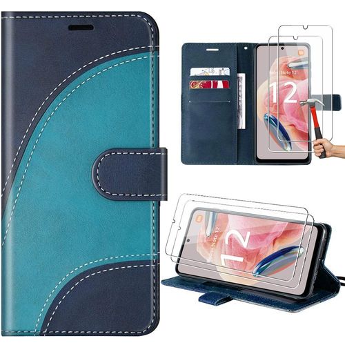 Coque + 2 Verres Tremps Pour Xiaomi Redmi Note 12 4g, Bleu, Folio En Cuir Pu Motif Vague Avec Support (Pas Pour Redmi 12) - Booling