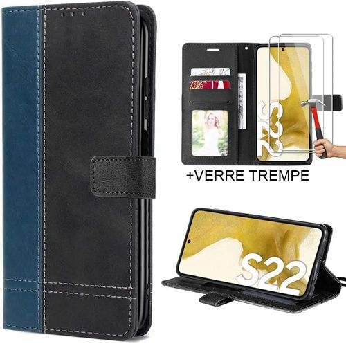 Coque  Rabat Pour Samsung Galaxy S22 Bleu Marine Effet Cuir Bicolore+ 2 Verres Tremps - Booling