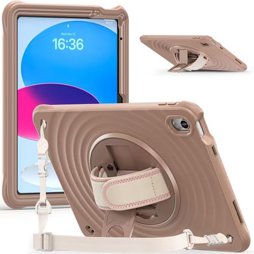 Coque Antichoc Pour Ipad 11/10me Gnration 2025/2022, (11/10.9 Pouces), tui Armure Robuste Avec Support Pivotant  Bouton-Poussoir, Dragonne Et Bandoulire, Housse Pour Ipad 11 A16, Marron
