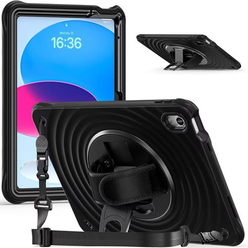 Coque Antichoc Pour Ipad 11/10me Gnration 2025/2022, (11/10.9 Pouces), tui Armure Robuste Avec Support Pivotant  Bouton-Poussoir, Dragonne Et Bandoulire, Housse Pour Ipad 11 A16, Noir