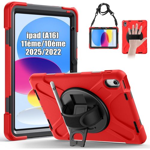 Coque Antichoc Pour Ipad 11me 2025 (A16)/10 Gnration 2022, (11/10.9 Pouces), tui Robuste Avec Support Rotatif  360, Dragonne Et Bandoulire, Porte-Stylet, Coque Pour Ipad 11me, Rouge
