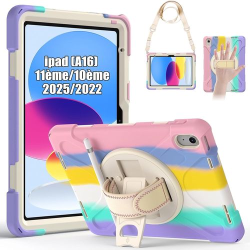 Coque Antichoc Pour Ipad 11me 2025 (A16)/10me Gn 2022, (11/10.9 Pouces), tui Robuste Avec Support Rotatif  360, Dragonne Et Bandoulire, Porte-Stylet, Coque Pour Ipad 11me, Rose Color