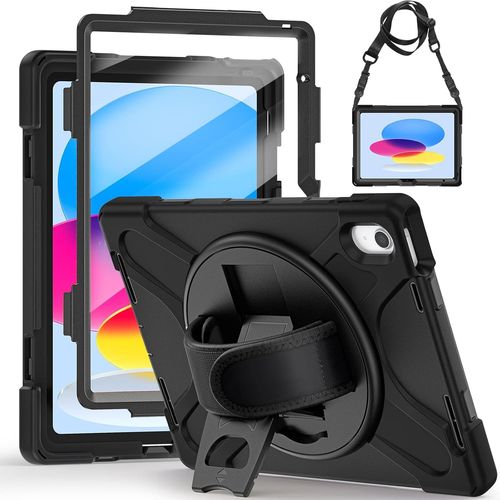 Coque Antichoc Pour Ipad 11me 2025 (A16) / 10me Gnration 2022, (11/10.9 Pouces), tui Robuste Avec Protection D'cran, Support Rotatif  360, Dragonne Et Bandoulire, Porte-Stylet, Noir