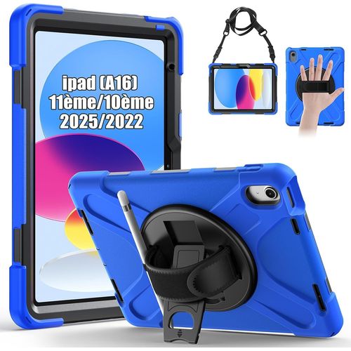 Coque Antichoc Pour Ipad 11me 2025 (A16)/10me Gnration 2022, (11/10.9 Pouces), tui Robuste Avec Support Rotatif  360, Dragonne Et Bandoulire, Porte-Stylet, Coque Pour Ipad 11me, Bleu