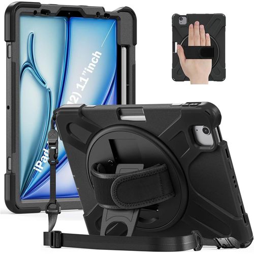 Coque Antichoc Pour Ipad Air 11 Pouces (M3/M2) 2025/2024 Und Ipad Air 4/5 (10,9 Pouces), tui De Protection Robuste Silicone Avec Bquille Rotative, Dragonne, Bandoulire Et Porte-Crayon-Noir