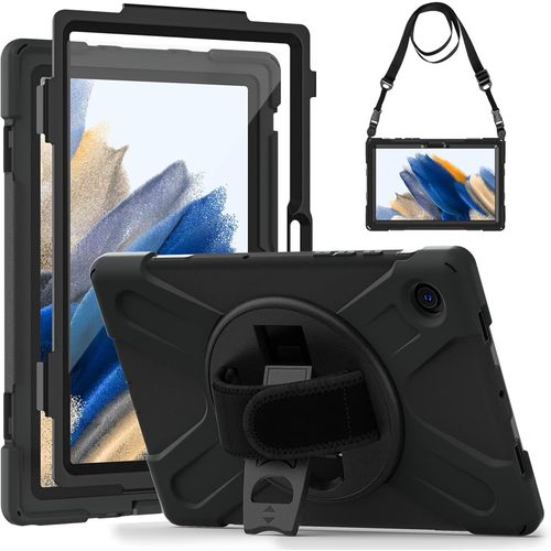 Coque Antichoc Pour Samsung Galaxy Tab A8 10.5 Pouces 2022, (Sm-X200/Sm-X205/Sm-X207), tui Robuste Avec Protection D'cran, Support Rotatif  360, Dragonne Et Bandoulire, Porte-Stylo, Noir