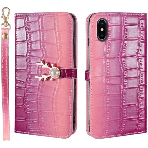 Coque Apple Iphone Xs Max Rabat Housse Iphone Xs Max Clapet Wapiti Cerf Perle Portefeuille Etui Avec Fonction Support Et Porte Carte Motif Crocodile Cuir Pu Flip Cover Case.Violet Rose