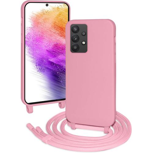 Coque Avec Cordon Pour Samsung Galaxy A73 5g,Ultra Mince Antichoc Silicone Liquide Souple Etui Avec Cordon Souple Doux Portable Lanyard Couverture Protection,Rose