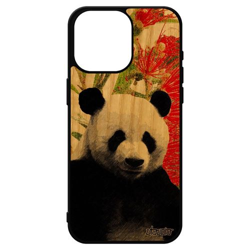 Coque Bois Pour Iphone 15 Pro Max Silicone Panda Etui Nature Design Vert Fleurs Dessin Peinture Animaux Ours Ecolo Geant Noir