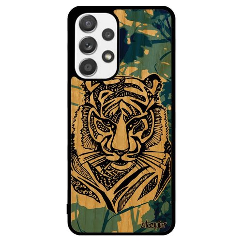 Coque Bois Samsung Galaxy A53 Silicone Tigre Dessin Artiste Tribal Homme Noir Bleu Azteque Case Ethnique Bengal Jungle Felin Animal
