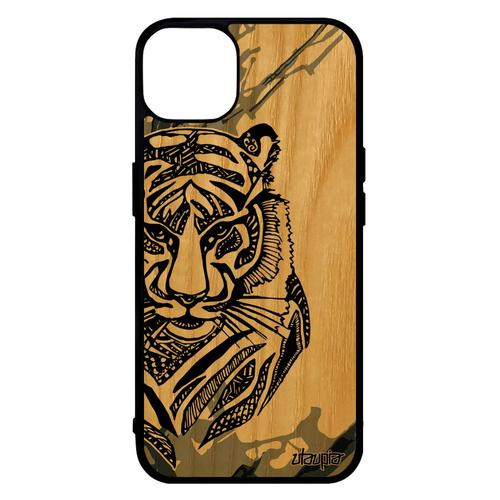 Coque Bois Tigre Pour Iphone 14 Silicone Animaux Case Telephone Graphique Azteque Gris Felin Rigide Tatouage Dessin Ethnique