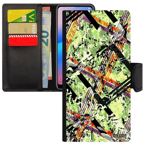 Coque Carreau Tartan Pour Huawei Y6 2018 Simili Cuir Rabat Color Texture Geometrie Motif Ecossais Rigide Design Original Vert Case