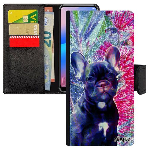 Coque Chien Samsung Galaxy Note 9 Simili Cuir Porte Cartes Chiot Animal Bulldog Mignon Canin Mobile Bleu Nature Etui Dessin Original