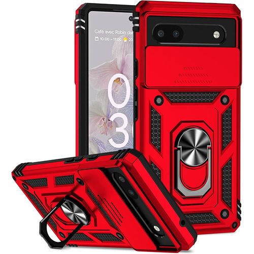 Coque Compatible Avec Google Pixel 6a, Etui Avec Cache Camera & Support A Bague 360 Armor Full Body Antichoc Anti-Chut Housse Tpu Silicone Bumper Cover,Rouge