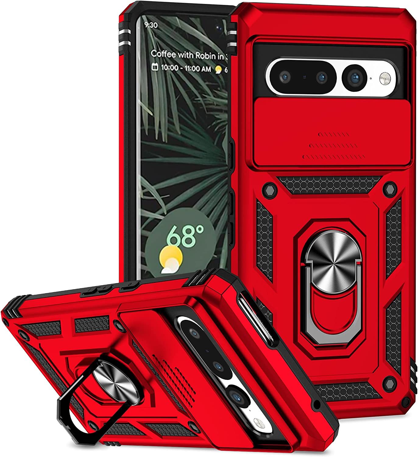 Coque Compatible Avec Google Pixel 7 Pro, Etui Avec Cache Camera & Support A Bague 360 Armor Full Body Antichoc Anti-Chut Housse Tpu Silicone Bumper Cover,Rouge