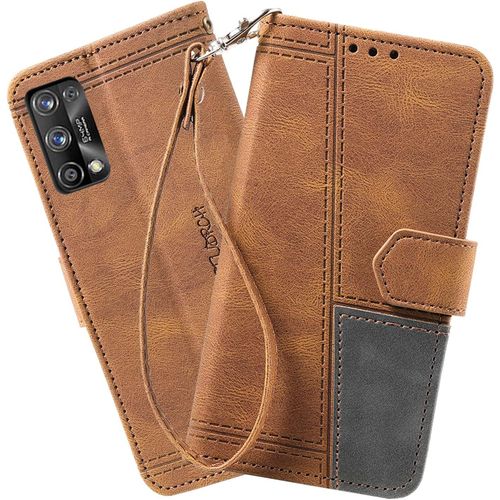 Coque Compatible Avec Oppo Realme 7 Pro, Portefeuille Housse En Cuir Pu Pour Realme 7 Pro, Magnetique Antichoc Flip Coque, Brun