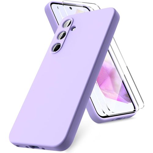 Coque Compatible Avec Samsung Galaxy A35 5g, 2 Film De Protection En Verre Tremp, Housse Souple En Tpu En Silicone Liquide, Housse En Caoutchouc Antichoc - Helles Lila