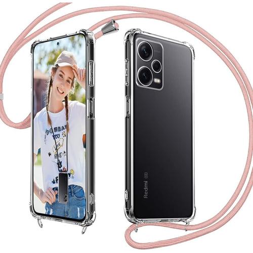 Coque Compatible Avec Xiaomi Redmi Note 12 Avec Cordon De Collier, Transparente Silicone Etui Pour Redmi Note 12 Tpu Antichoc Housse Protection Couverture Avec Rglable Lanyard Or Rose