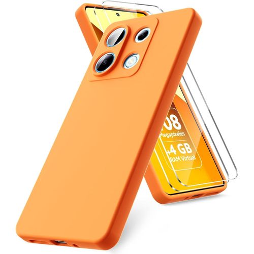 Coque Compatible Avec Xiaomi Redmi Note 13 5g, 2 Film De Protection En Verre Tremp, Housse Souple En Tpu En Silicone Liquide, Housse En Caoutchouc Antichoc - Orange