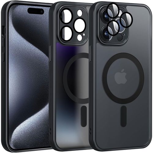Coque Compatible Iphone 15 Pro Max Avec Magsafe Etui Translucide Mat ArriRe Housse Magnetique Protection D'objectif Tout Compris Dos Anti Rayures Antichoc Tpu+Pc Bumper Case Pour 15 Pro Max , Noir