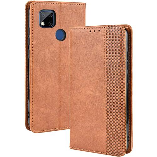 Coque Cuir tui Pour Xiaomi Redmi 9c Nfc/Redmi 9c Housse, Etui Portefeuille Case Cover, Fermeture Magntique, Flip Bquille Et Emplacements Pour Cartes -Brun