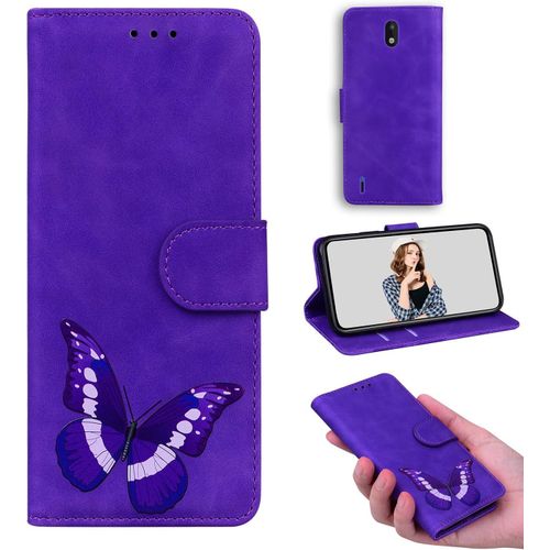 Coque Cuir Pour Nokia 1.3 tui Flip Stand Wallet Cover Color Printed Butterfly Pattern Skin Friendly Pu Cuir Folio Tpu Coque Intrieure Fente Pour Carte Case Pour Nokia 1.3 Violet