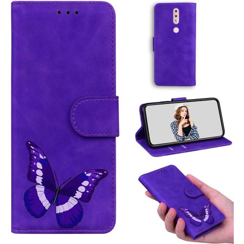 Coque Cuir Pour Nokia 4.2 tui Flip Stand Wallet Cover Color Printed Butterfly Pattern Skin Friendly Pu Cuir Folio Tpu Coque Intrieure Fente Pour Carte Case Pour Nokia 4.2 Violet